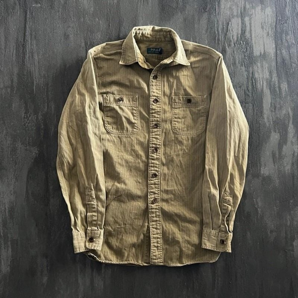 Polo Ralph Lauren Button Up Shirt Mens Small Green Herringbone Twill HBT